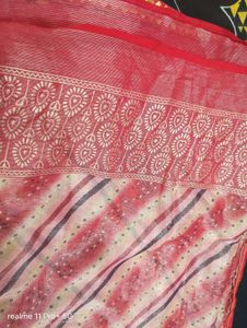 Pink &amp; White Synthetic Saree