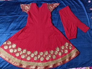 Red Frock Suit With Dupatta (Emoidred)&amp;( cotton)