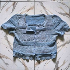 Blue Knit Button-Up Top