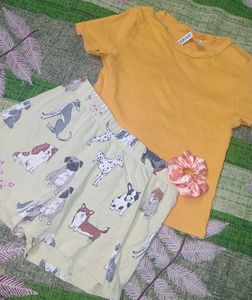 Cute Dog Print Shorts & Yellow Top Set