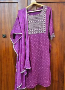 Purple Embroidered Kurti Set