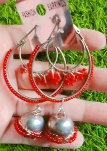 Red Beaded Hoop Jhumka Earrings