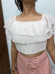 Pink  Skirt and  white frill top