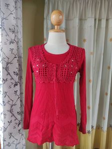 Red Knit Tunic Top with Crochet Detail