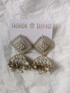 Off White Diamond Jhumkass With Malaa