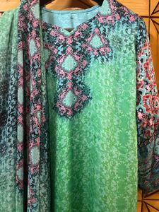 Turquoise Patterned Salwar Kameez With Dupatta