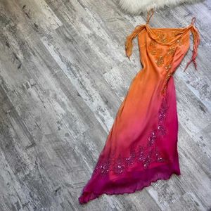 Spaghetti Straps Ombre Orange Chiffon Beaded Gown
