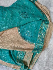 CREAM AND TURQUOISE GREEN SAREE