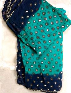 Teal &amp; Navy Mirror Embroidered Dupatta