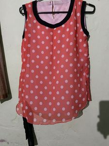 Very Affordable , Cute Cut Sleeves Top With Polka Print, Non Transparent,with Black Lace