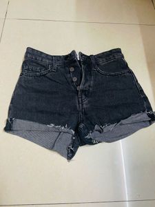 Black Denim Button Fly Shorts