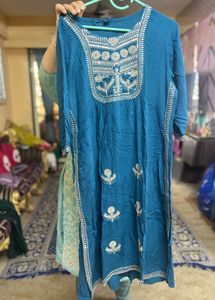 Teal Blue Silver Embroidered Kurta Set