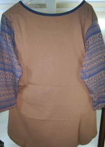 Brown T-shirt with Patterned Blue SleevesCita