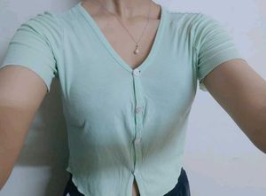 Pastel Green Buttoned V-Neck Top