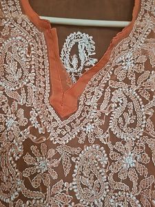 Peach Chikankari Net Kurta