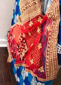 Elegant Cherry Red &amp; Gold Lehenga Set
