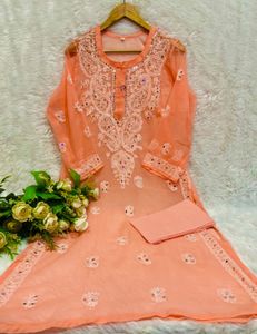 Peach Chikankari Kurta Set