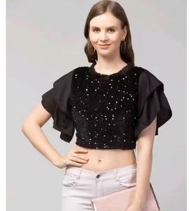 Sparkly Black Crop Top With Ruffal Sleeves