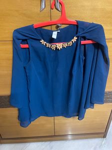 Cape Style Teal Blue Chiffon Top With Embellished Neck, No Defects, Comfy Material