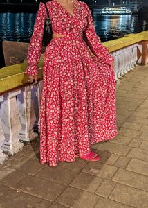 Women Red Crepe V-Neck Floral Print Maxi Dress