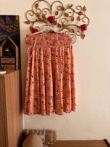 Panit Peach Colored And Green Printed Floral Skirt