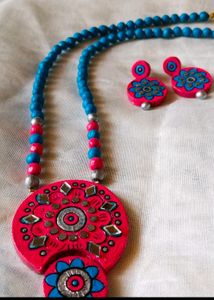 Mirror Work Pink With Blue Terracotta Jewellery
