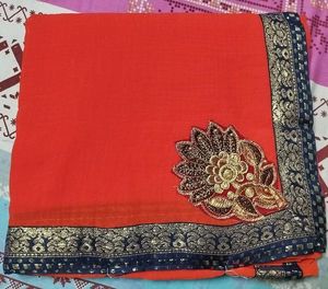 Red Plain Saree With Blouse
