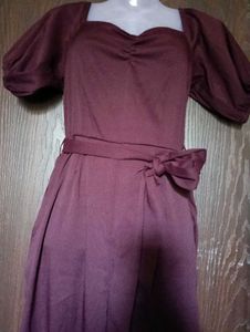 Burgundy Puff Sleeve Jumpsuit Dress
