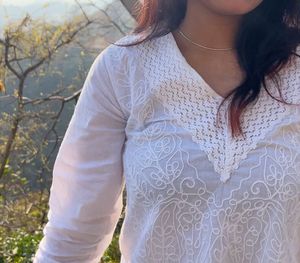 White Embroidered Cotton Kurti with Lace Detailing