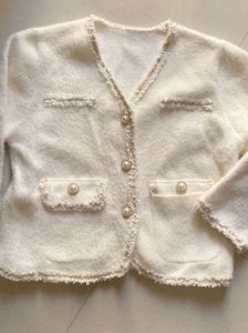 🧥 Elegant White Tweed- Pearl Button Cardigan