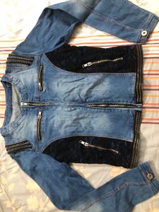 Blue Denim Jacket With Lace Work And Golden Zip