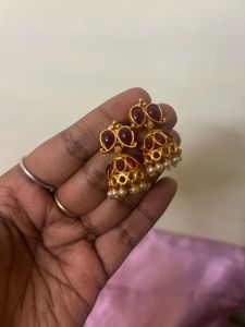 Golden Jhumka With Red Stone