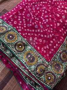 Pink Bandhani Saree with Border Of Sequence Work