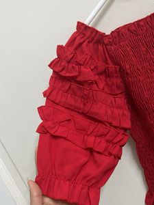 Red Ruffle Bardot Top