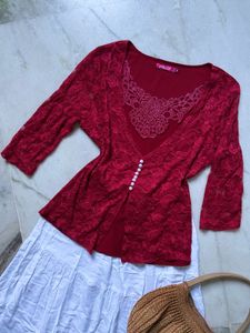 Red Lace Top with Pearl Buttons