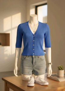 Ribbed V-neck button-down cardigan top