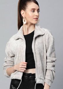 Women Grey Melange Solid Faux Fur Tailored Jacket