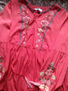 Red Orange Embroidered Bohemian Dress