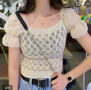 White Knit Top with Sheer Puff Sleeves