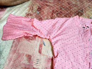 Cute Baby Pink Polka Dot Shirt with Pleated Sleeve