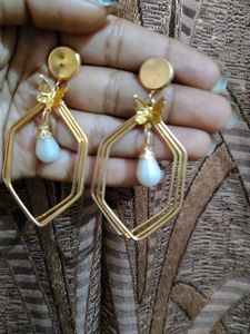 Gold Geometric Pearl Drop Earrings