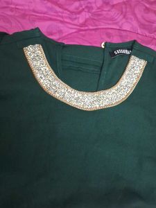 Green Embellished Neck Top New