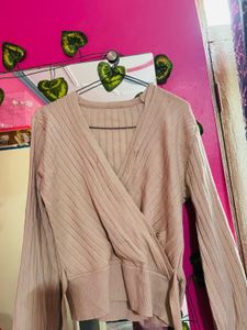 Beige Ribbed Wrap Knit Sweater
