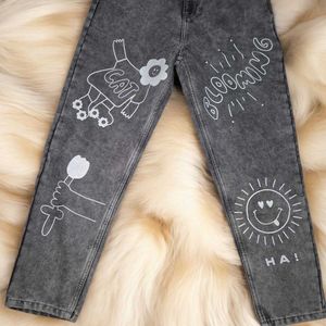 Aesthetic Grey Printed Jeans for Women