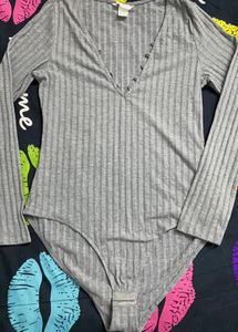 H&amp;M Gray Ribbed Lace-Up Bodysuit