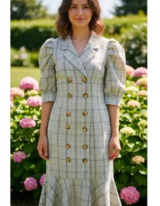 Korean Plaid Puff sleeve peplum dress