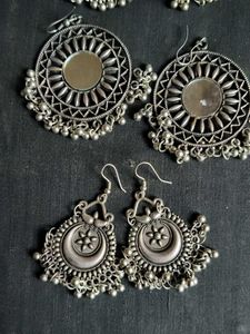 Silver-Toned Earring Set with Intricate Designs