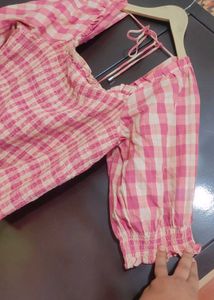 Pink Check Printed Crop Top For 34 Bust