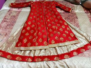 Elegant Red Banarasi Anarkali Set with Golden Moti