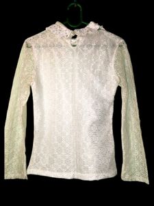 White Pearl Collar Full-Sleeve Top- simple &amp; class